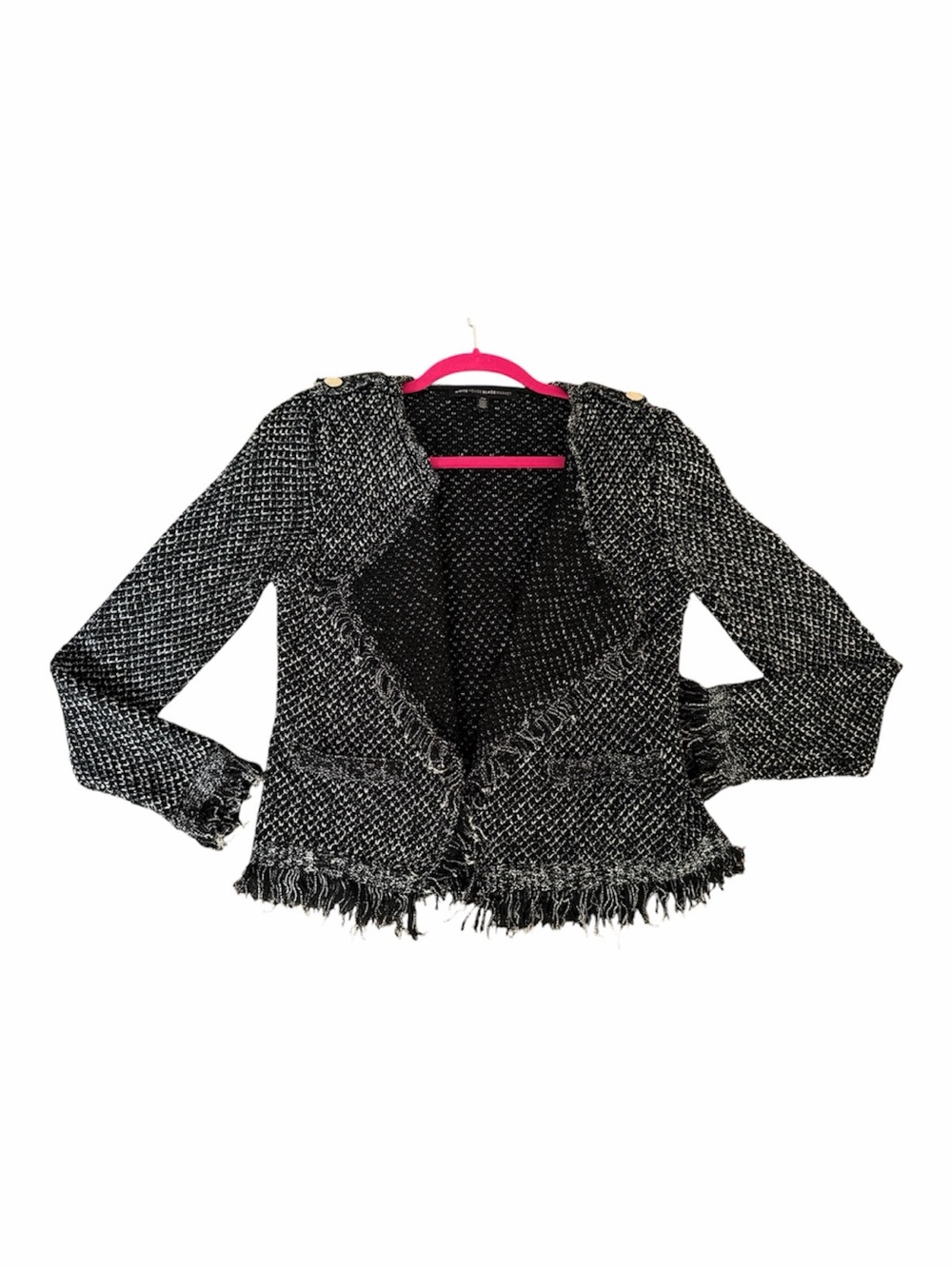White House Black Market Black & White Tweed Fringed Open Cardigan